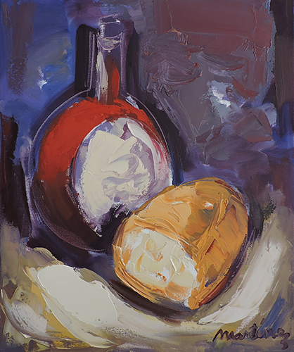 Botella y pan. Óleo s/ tela- 60 x 50 cm.- 2016