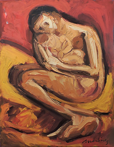 Maternidad con fondo rojo. Óleo s/ tela- 90 x 70 cm.- 2020
